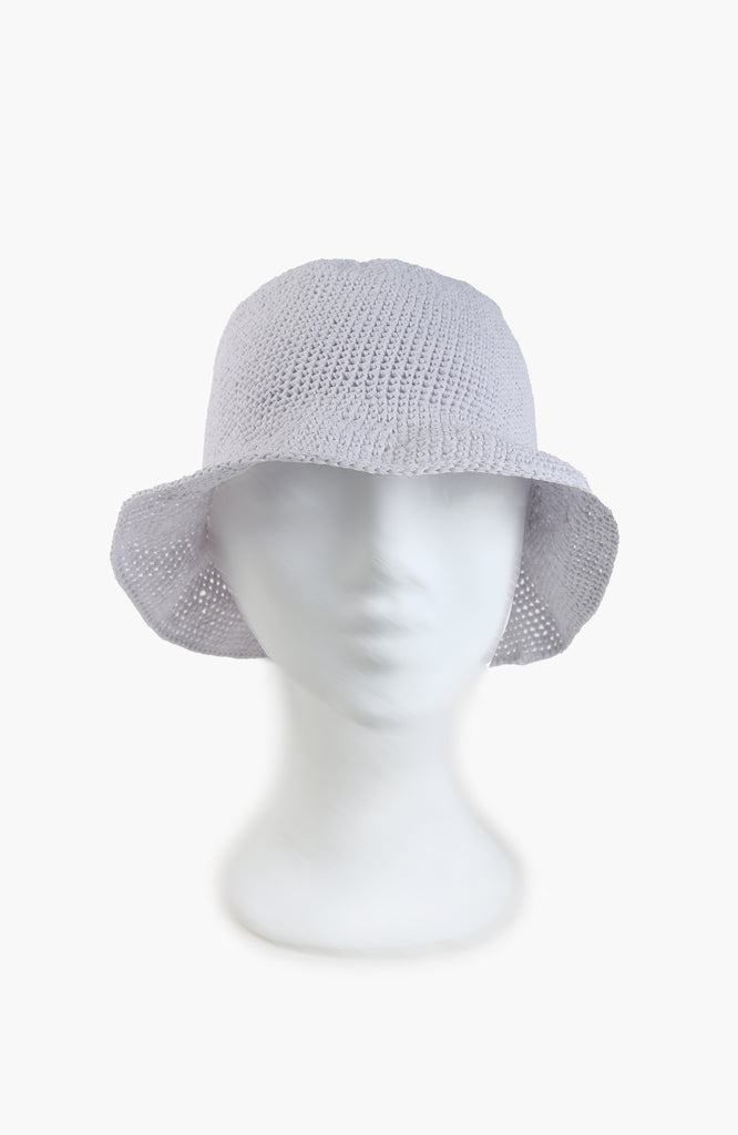 crochet bell hat in lavender from Karakoram Accessories presented on a white mannequin's head on white background
