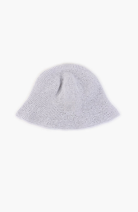 crochet bell hat in lavender colour from Karakoram Accessories lying flat on white background