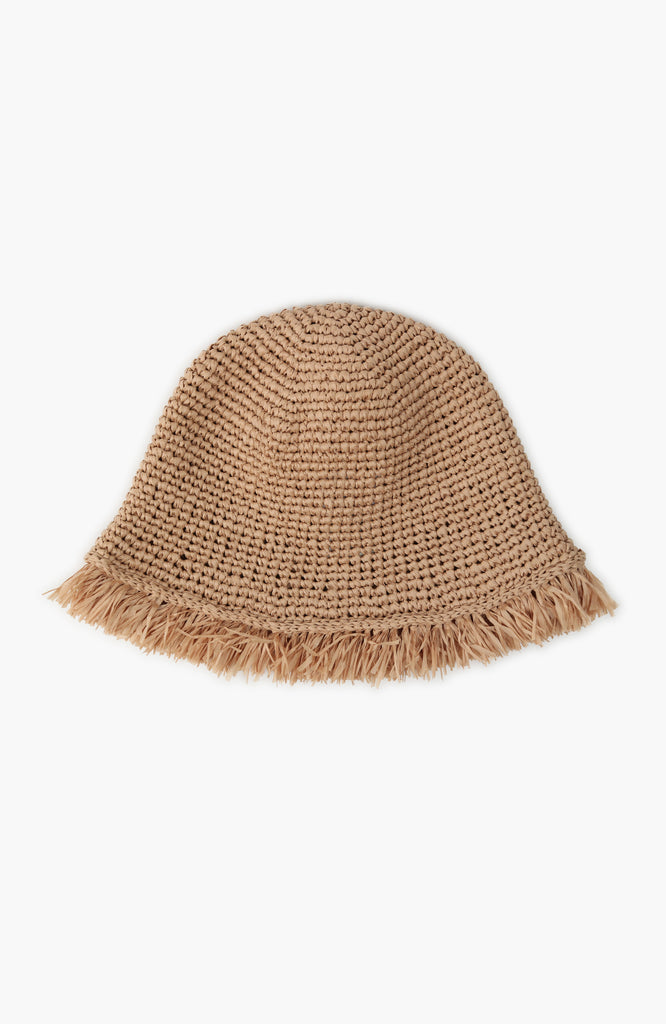  a crochet paper sun hat with fringed brim  in oak colour from Karakoram Accessories lying flat