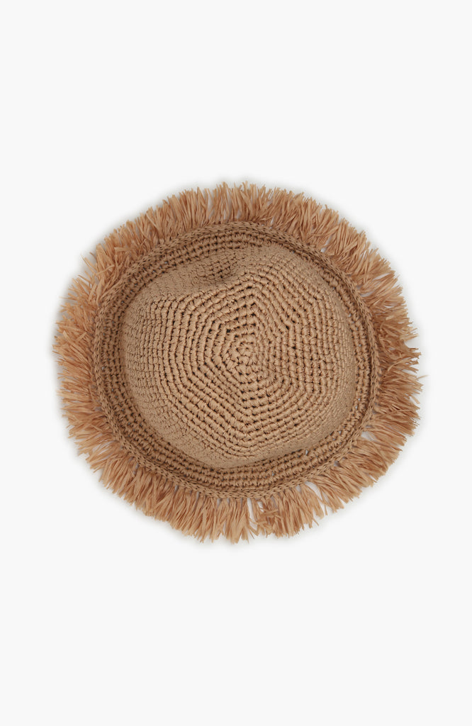 a crochet paper sun hat  in oak colour with fringed brim from Karakoram Accessories viewed from above
